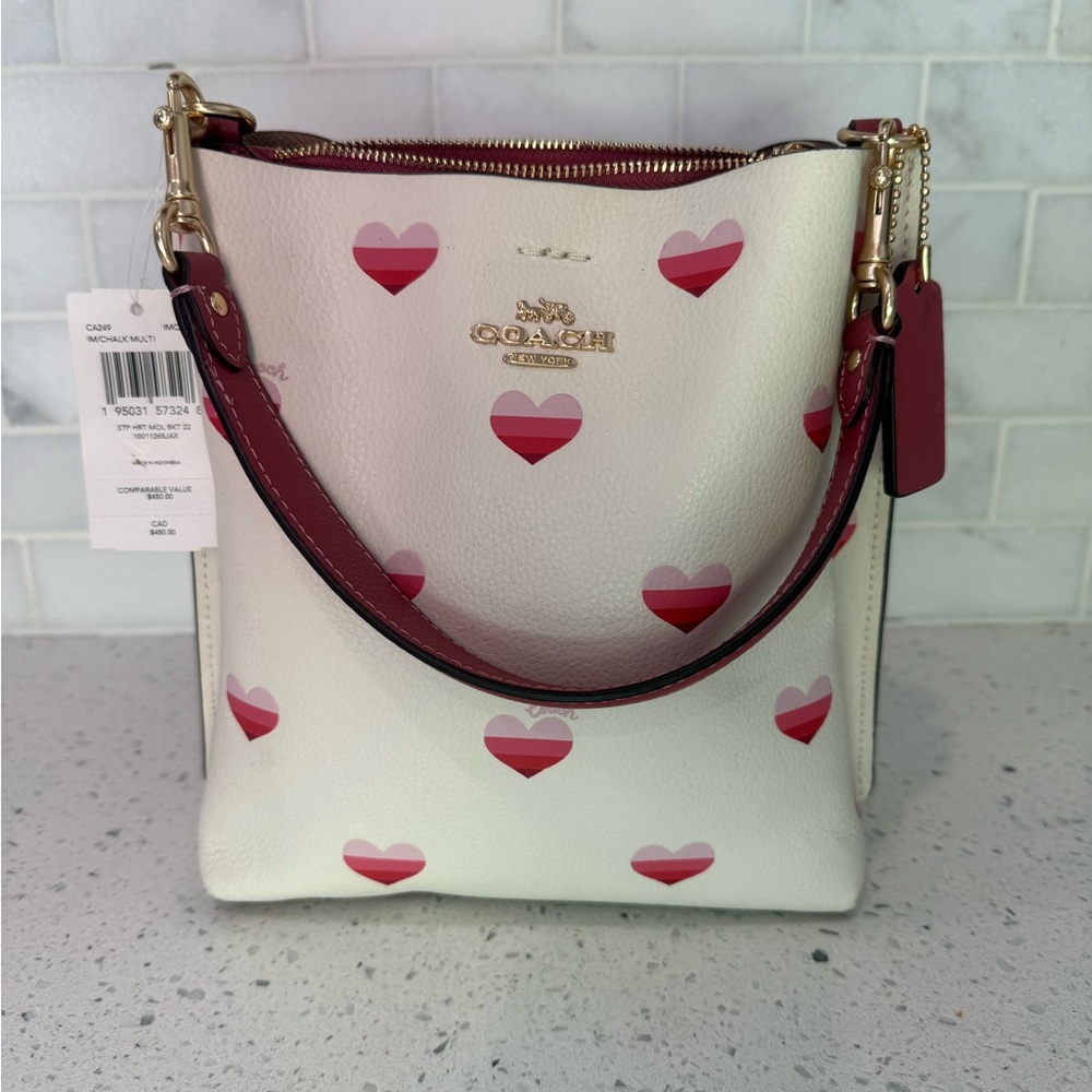 NWT Coach White & Striped Pink Heart Crossbody Bag with Card Case & Extra Strap - Picture 3 of 15
